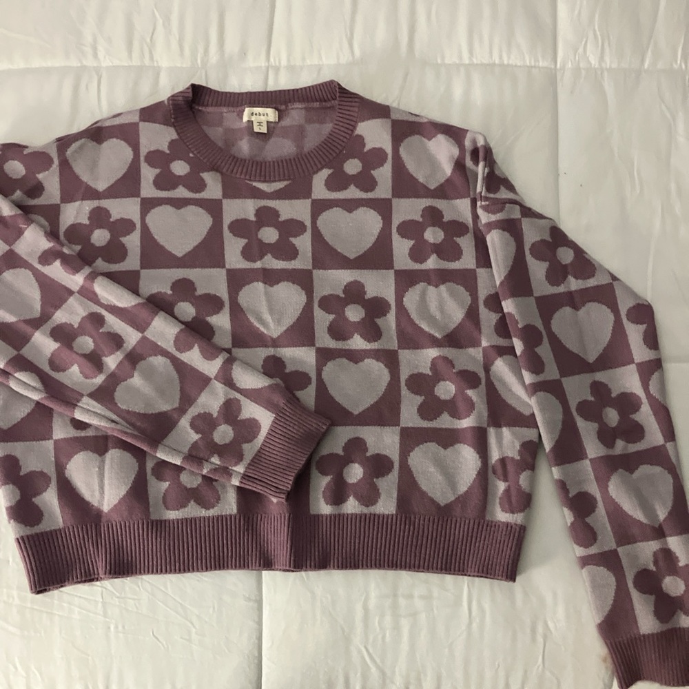 debut Lavender and Light Pink Heart & Flower Crewneck Sweater